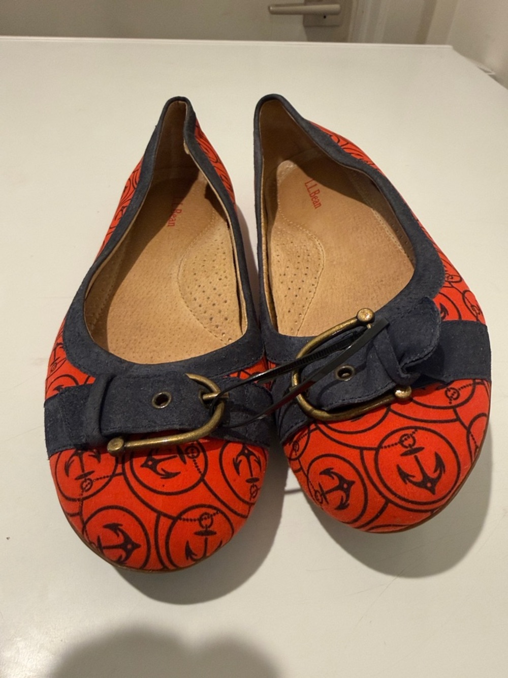 L.L. Bean Red Anchor-Print Navy-Trim Ballet Flats
